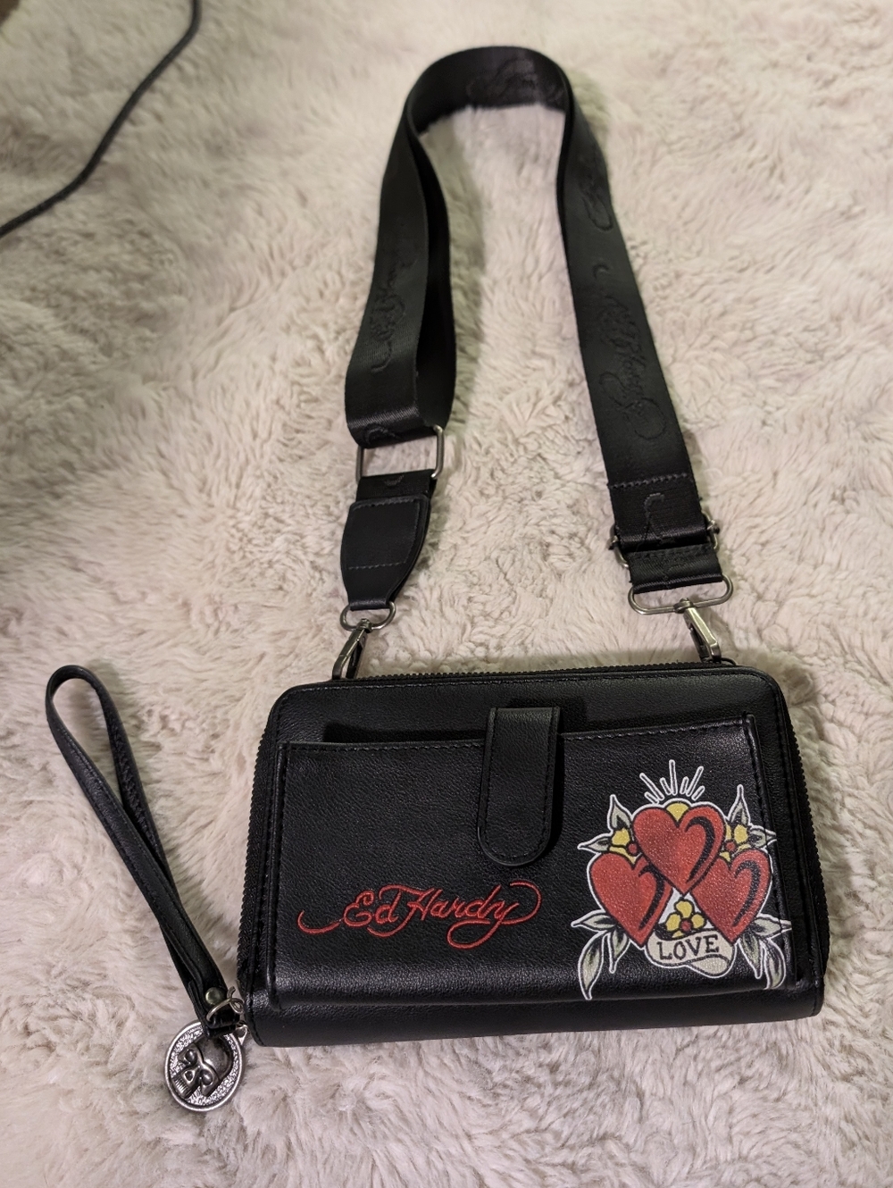 Ed Hardy Black Crossbody Wallet with Red Heart Tattoo Motif